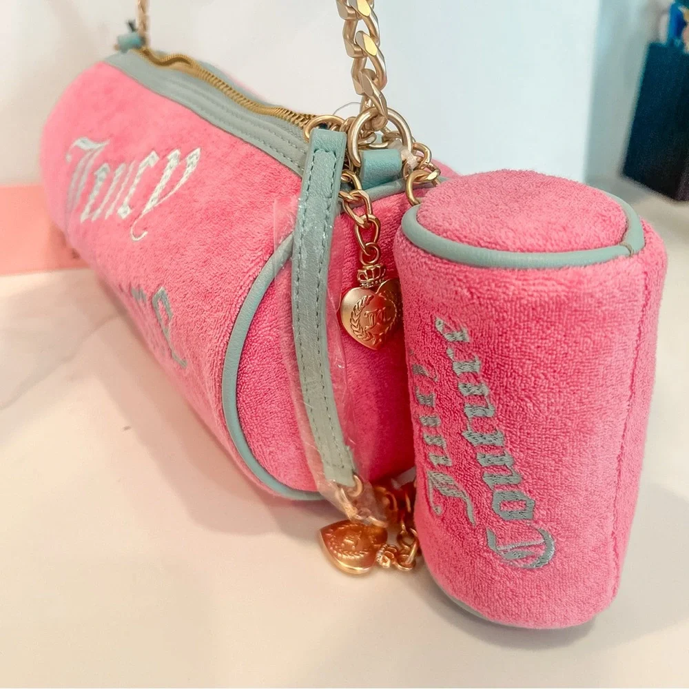 Juicy Couture Bag Pink Blue Terry Cloth Velour Barrel Shoulder Bag Set Y2K NWT